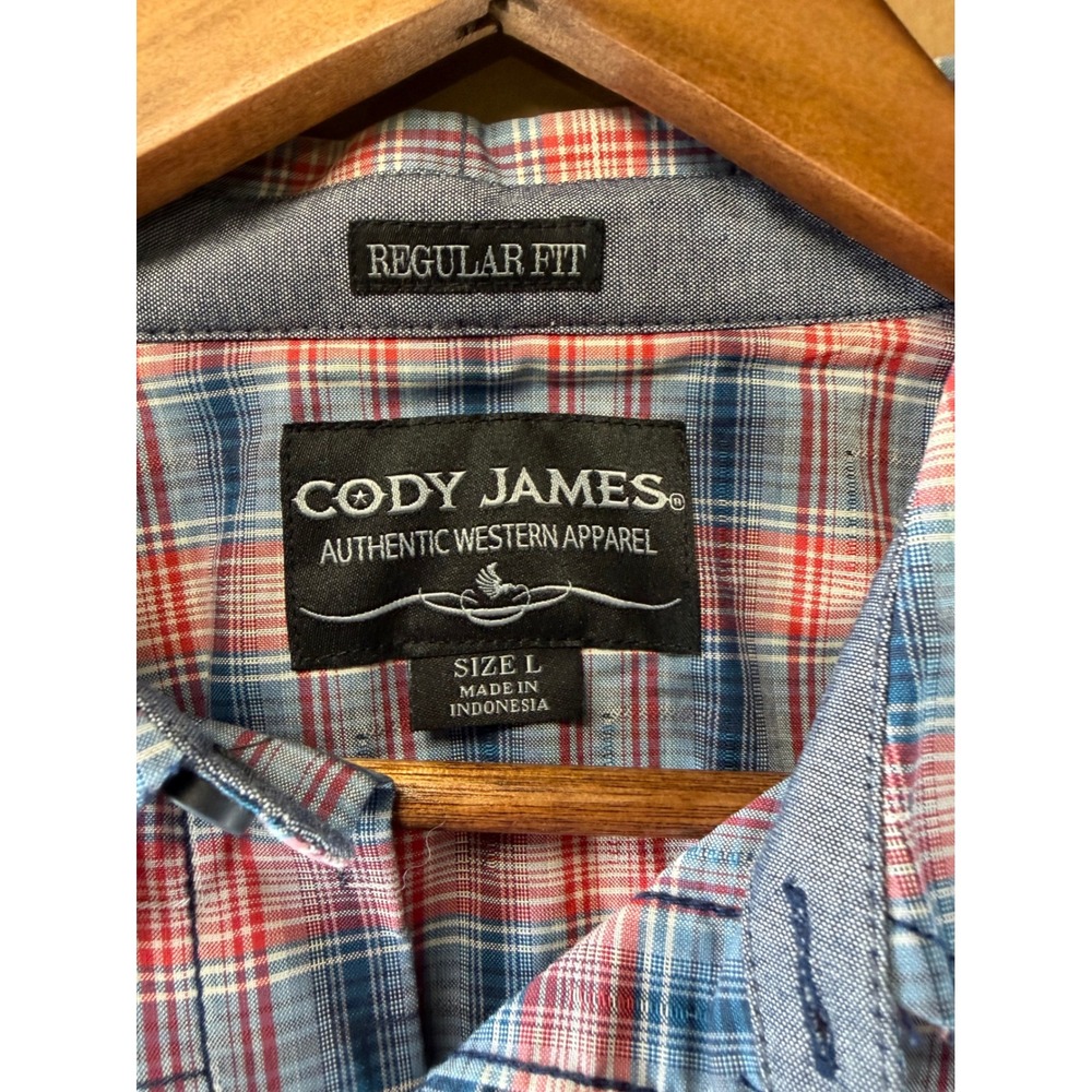 Cody James Western Shirt Mens Large Blue Red Plaid Snap Front Regular Fit Yoke - Picture 2 of 7